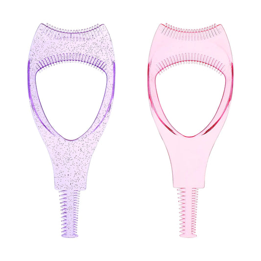 WLLHYF 2 Pack Mascara Shield Guard Makeup Eyelash Buddy 3 in 1 Eye Lash Applicator Tool Beauty Cosmetic Mascara Separator Comb Plastic Lashes Protector Guide Stencil for Women Girls(Pink+Purple)